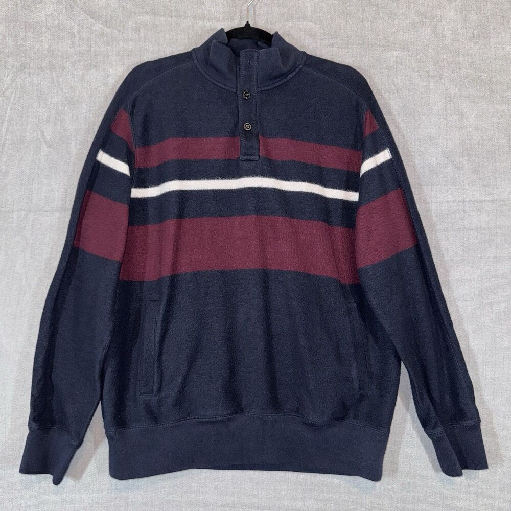 Chaps Red Lodge Mens Large Mock Neck 3 Button Pullover Navy Burgundy Stripe